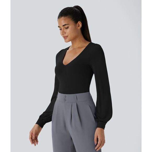 Halara Black V-Neck Long Sleeve Puff Sleeve Work Bodysuit Size Medium NEW - Picture 4 of 11